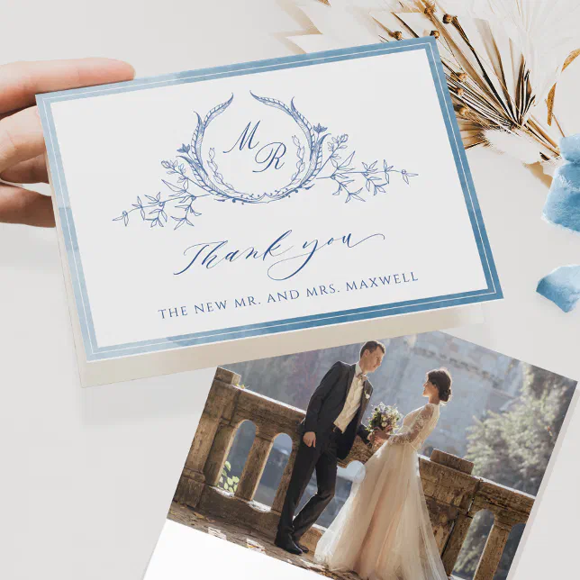 Photo, Blue Classic Monogram, Watercolor Wedding Thank You Card | Zazzle