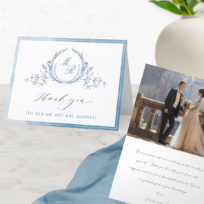 Photo, Blue Classic Monogram, Watercolor Wedding Thank You Card