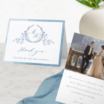 Photo  Blue Classic Monogram  Watercolor Wedding Thank You Card by One2InspireDesigns at Zazzle