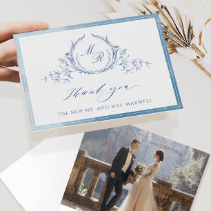 Photo, Blue Classic Monogram, Wedding Watercolor Letterpress Thank You Card