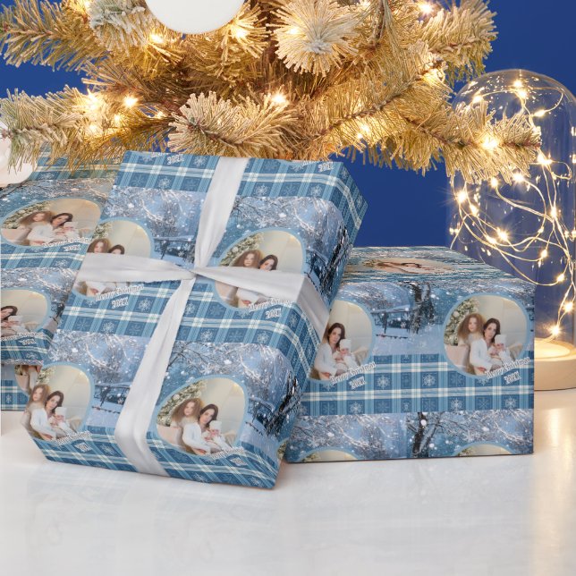 Photo Blue Cozy Plaid Winter Christmas Wrapping Paper (Holidays)