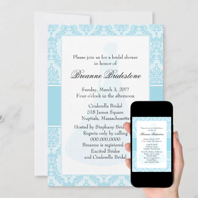 Photo Blue Damask Bridal Shower Invitation Zazzle