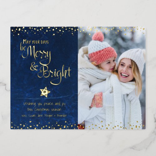 Photo Blue Days Be Merry Bright Script Real Gold Foil Holiday Postcard