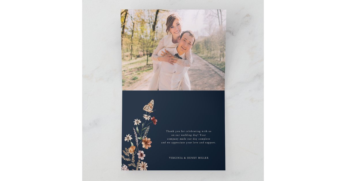 Photo Blue Floral Boho Wedding Thank You Card | Zazzle