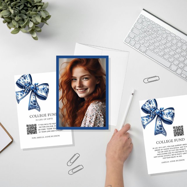 Photo Blue Floral Bow QR Code College Fund  Enclosure Card (Creator Uploaded)