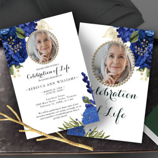 Photo Blue Floral Budget Celebration of Life Invitation