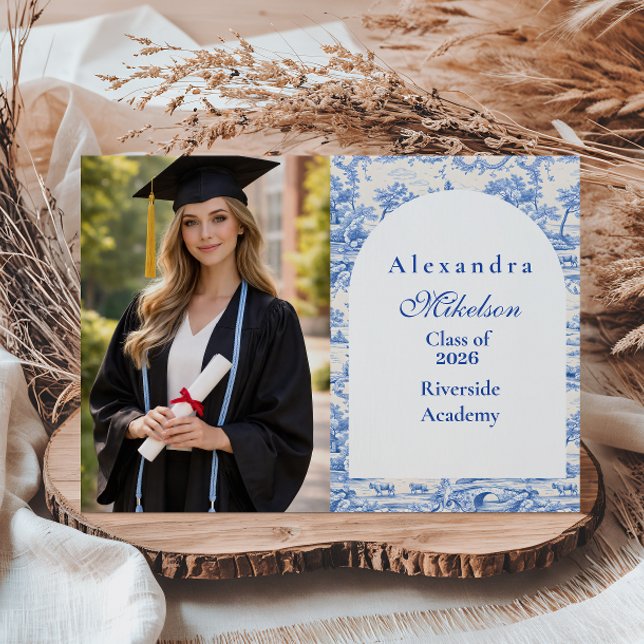 Photo Blue Floral Toile Graduation Party Announcement (Creator Uploaded)