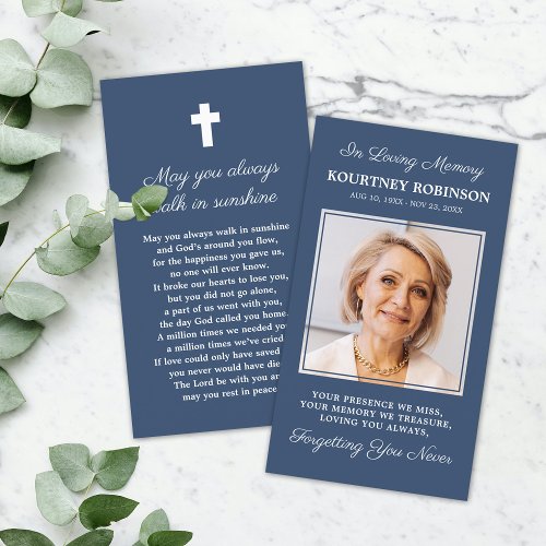 Photo Blue Funeral Memorial Prayer Card