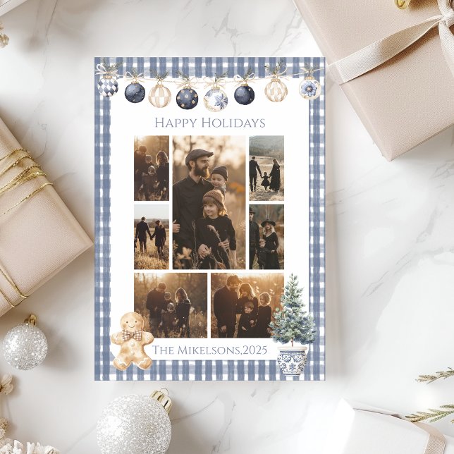 Photo Blue Gingham Ornament Family Christmas Holiday Card (Creator Uploaded)