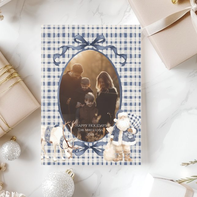 Photo Blue Gingham Santa Family Christmas Holiday Card (Creator Uploaded)