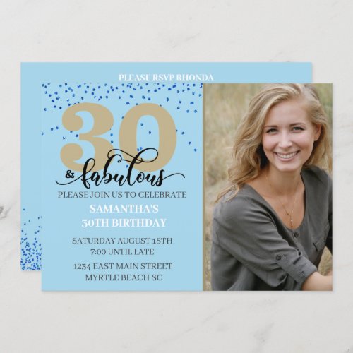 Photo Blue Gold 30 and Fabulous Birthday Party  In Invitation