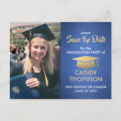 Photo Blue Gold and White Graduation Save the Date Postcard (Front)
