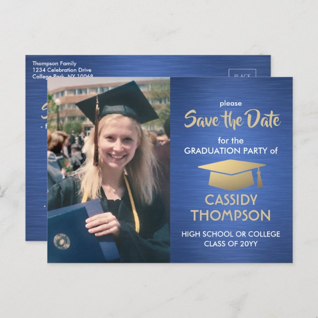 Photo Blue Gold and White Graduation Save the Date Postcard (Front/Back)