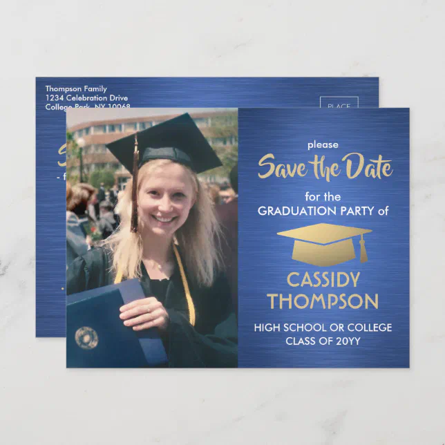 Photo Blue Gold and White Graduation Save the Date Postcard | Zazzle