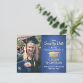 Photo Blue Gold and White Graduation Save the Date Postcard (Standing Front)