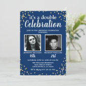 Photo Blue Gold Double Birthday Invitation (Standing Front)