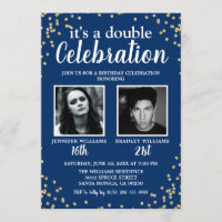 Photo Blue Gold Double Birthday Invitation