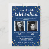 Photo Blue Gold Double Birthday Invitation (Front)