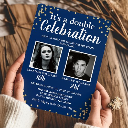 Photo Blue Gold Double Birthday Invitation