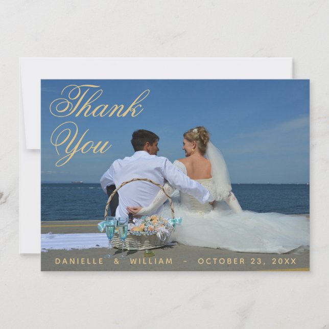 Photo Blue Gold Elegant Script Calligraphy Wedding Thank You Card (Front)