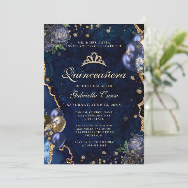 Photo Blue Gold Floral Agate Quinceanera  Invitation (Standing Front)
