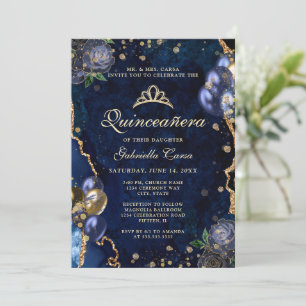 Photo Blue Gold Floral Agate Quinceanera Invitation