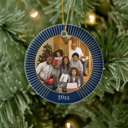 Photo Blue Gold Line Family Christmas Ceramic Ornament