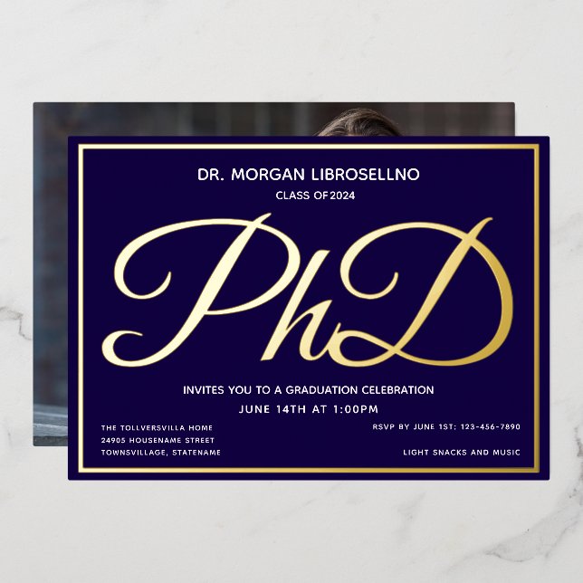 Photo Blue Gold PhD Graduation Foil Invitation (Front/Back)