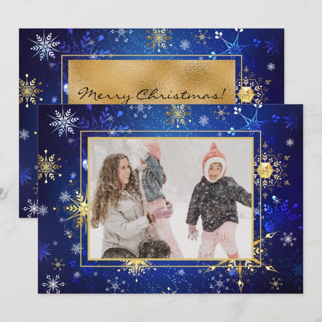 Photo Blue Gold Snowflake Christmas Xmas Holiday Card (Front/Back)