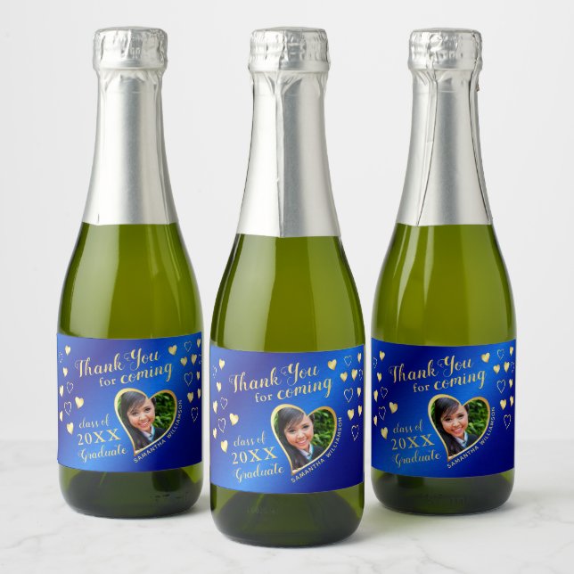 Photo Blue Gold Thank You 2025 Graduation Favor Sparkling Wine Label (Bottles)