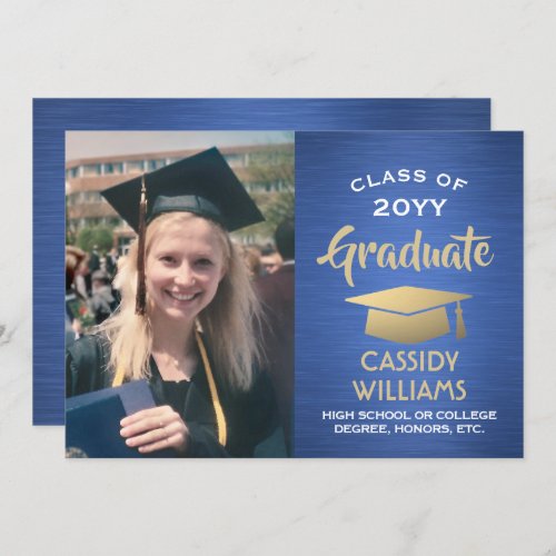 Photo Blue Gold  White Elegant Modern Graduation Invitation