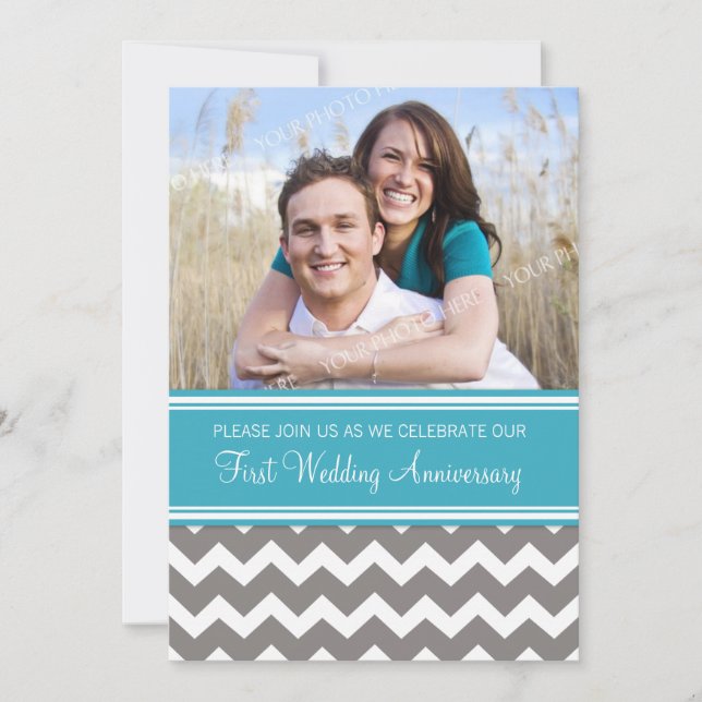 Photo Blue Gray 1st Anniversary Invitation (Front)