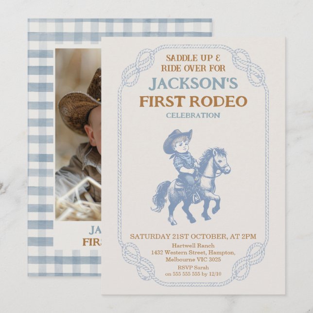 Photo Blue Gray Cowboy First Rodeo 1st Birthday Invitation (Front/Back)