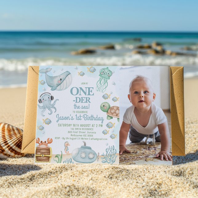 Photo Blue Gray Oneder The Sea Boys 1st Birthday  Invitation (Editable Oneder The Sea Birthday Invitation with Photo, Ocean Themed 1st Birthday Invitation Boy)