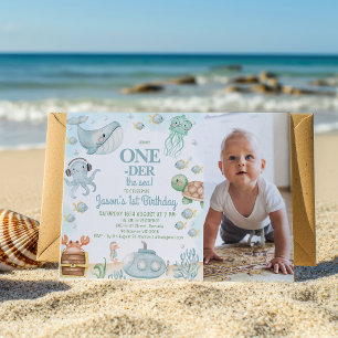 Photo Blue Grey Oneder The Sea Boys 1st Birthday Invitation