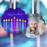 Photo Blue Hanukkah Menorah Candles Modern Boho Ornament Card<br><div class="desc">“Happy Hanukkah.” A playful, modern, artsy illustration of boho pattern candles and handwritten calligraphy script help you usher in the holiday of Hanukkah in style. Assorted blue boho candles with colorful faux foil patterns overlay a rich, deep blue textured background on the front. Your favorite photo adorns the back. Feel...</div>
