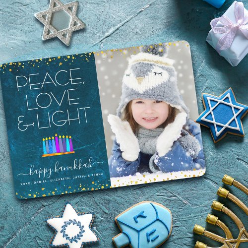 Photo Blue Hanukkah Menorah Peace Love Light Type Holiday Card