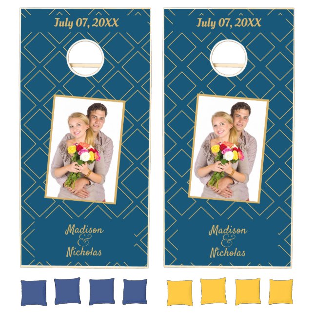 Photo Blue Lawn Wedding Game Gold Font Cornhole (Set)