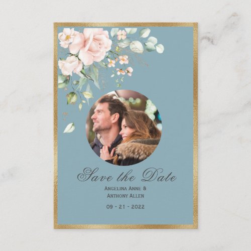Photo Blue Pink Floral Watercolor Wedding Save The Date