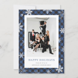 Photo Blue Plaid Snowflake Corporate Business Holiday Card