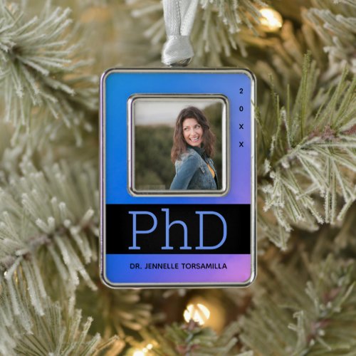 Photo Blue Purple Name PhD Graduation Christmas Ornament