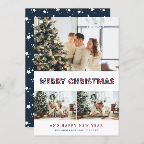 Photo Blue Red Snow Stars Modern Holiday Card