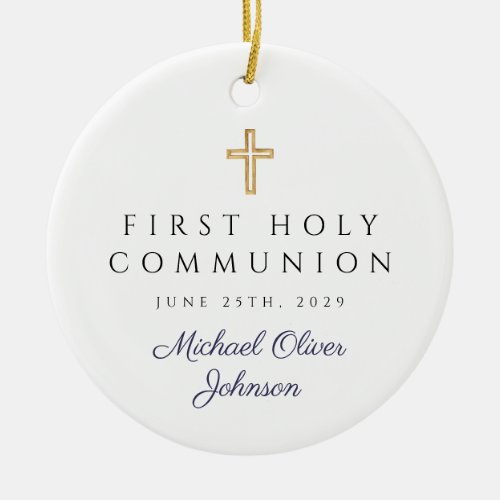 Photo Blue Religious Cross Boy First Communion Ceramic Ornament