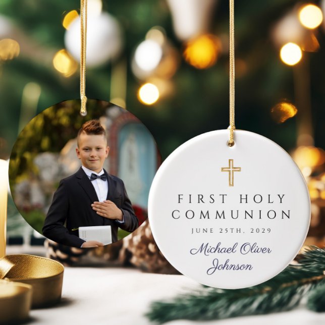 Photo Blue Religious Cross Boy First Communion Ceramic Ornament (Photo Blue Religious Cross Boy First Communion Ceramic Ornament)