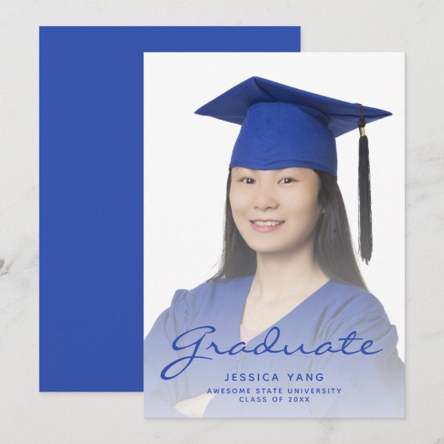 Photo Blue Script Graduation Announcement (Front/Back)