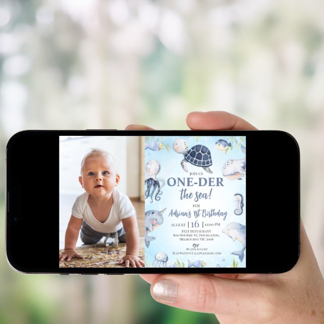 Photo Blue Sea Turtle One-der The Sea 1st Birthday Invitation (Front Digital)