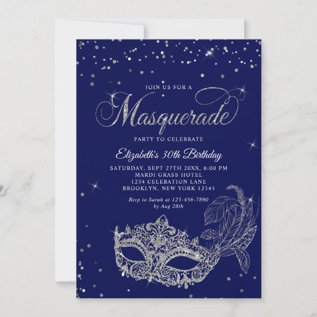Photo Blue Silver Glitter Masquerade Birthday Invitation (Front)