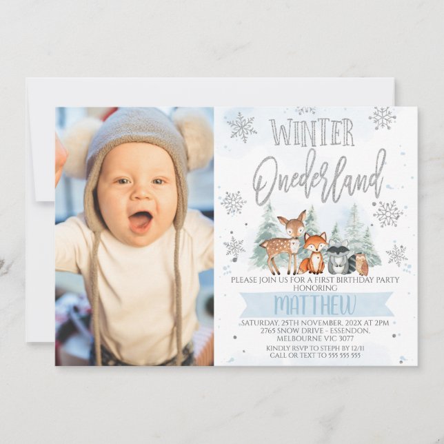 Photo Blue Silver Woodland Onederland 1st Birthday Invitation (Front)