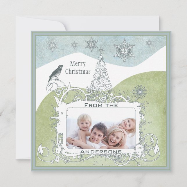 Photo Blue Snowflake Christmas Tree Cute Bird Holiday Card (Front)