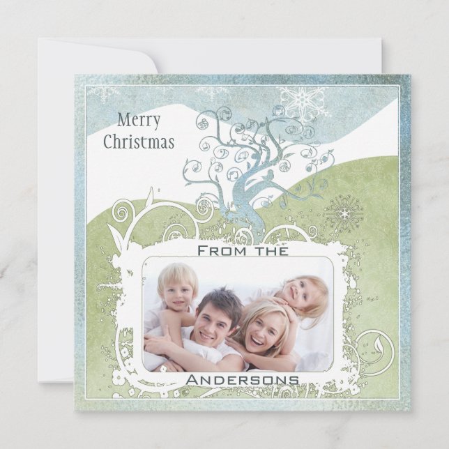 Photo Blue Snowflake Christmas Tree Cute Bird Holiday Card (Front)